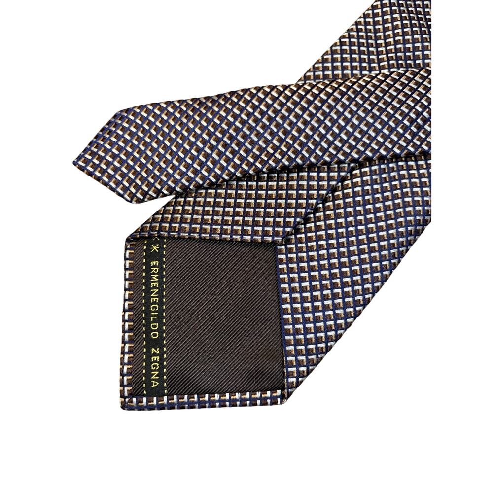 Ermenegildo Zegna Silk Geometric Classic Tie‎ Blue Brown Luxury 3.5" Preppy Suit